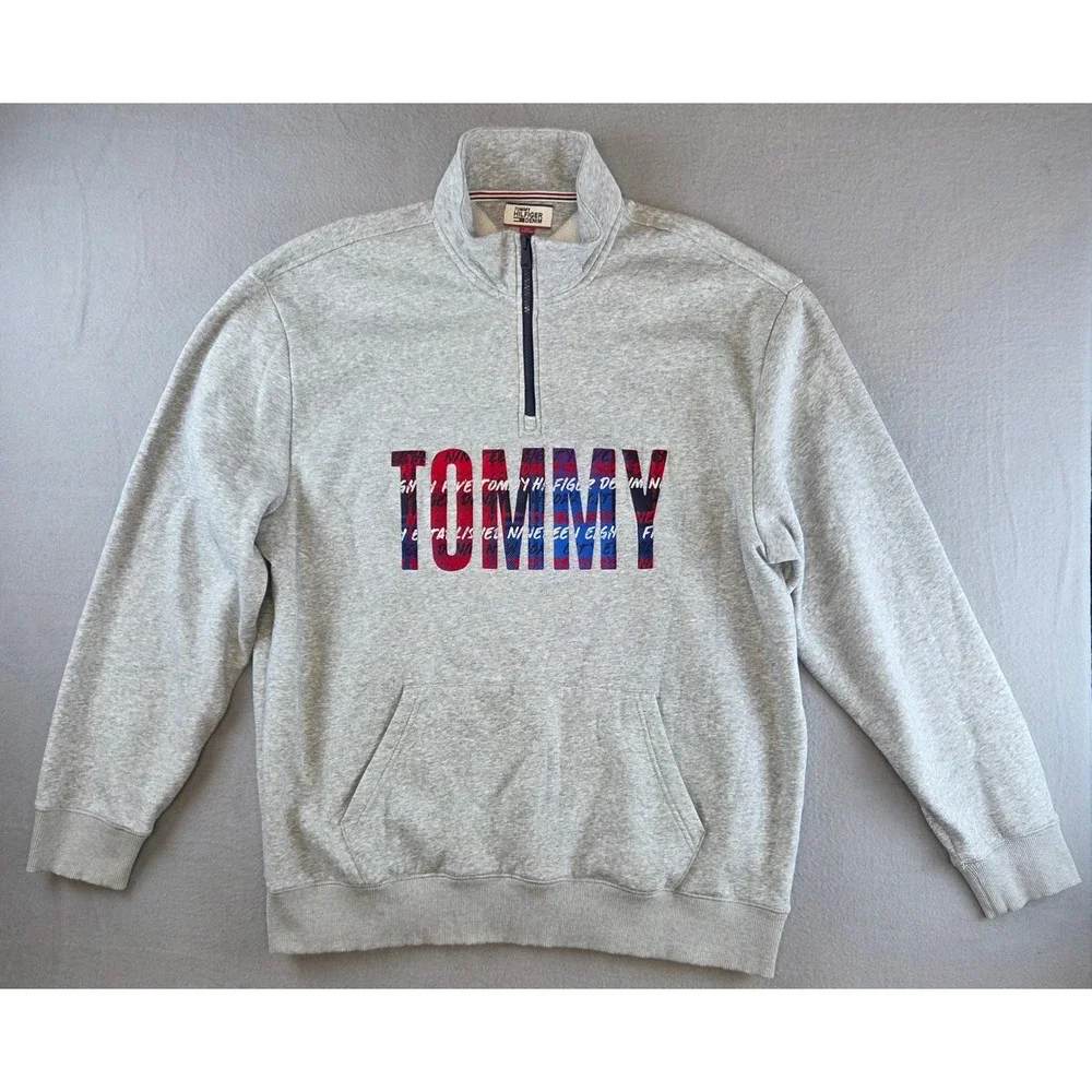 Tommy Hilfiger Mens XXL Quarter Zip Sweatshirt Gray Plaid Logo Spellout Pullover